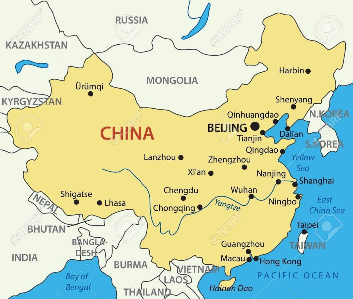 biển màu vàng bản đồ Trung quốc